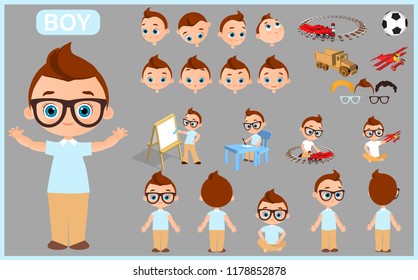 Juego de máscaras de creación de constructores de personajes de dibujos animados. Con posiciones, cortes de pelo, emociones. Ilustración vectorial aislada