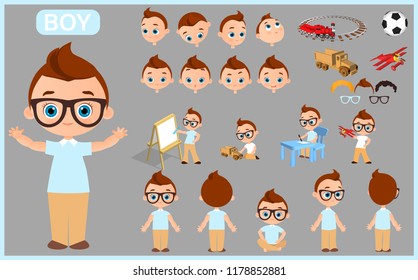 Cartoon Character Boy Constructor Creation Mascot Kit. Set With Positions, Haircuts, Emotions. Isolated Vector Illustration