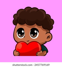 a cartoon character of a boy curly hair brown skin holding a red heart