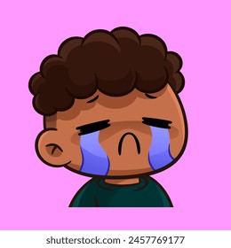 a cartoon character of a boy curly hair brown skin with a sad face crying