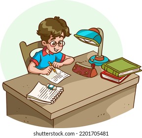 Cartoon character Boy does a homework vector eps10