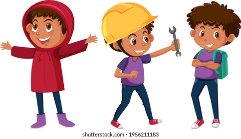 Cartoon character of a boy doing different activities illustration