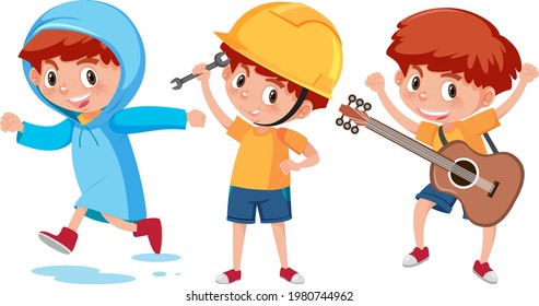 Cartoon character of a boy doing different activities illustration