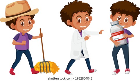 Cartoon character of a boy doing different activities illustration