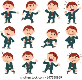Cartoon character boy dressed businessman set with different postures, attitudes and poses, doing different activities in isolated vector illustrations.