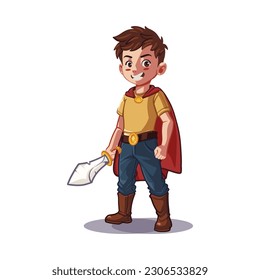 cartoon character of a boy dressed as hero knight wielding a sword, a playful illustration for children book