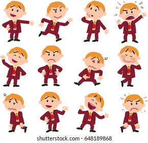 Cartoon character boy dressed like a businessman set with different postures, attitudes and poses, doing different activities in isolated vector illustrations.