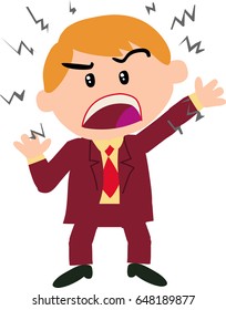 Cartoon character boy dressed like a businessman angry; isolated vector illustration.