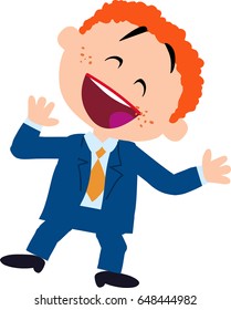 Cartoon character boy dressed like a businessman cheerful; isolated vector illustration.