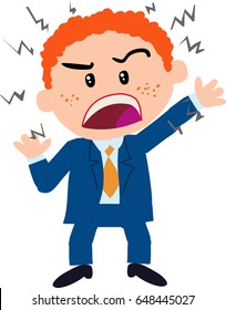 Cartoon character boy dressed like a businessman angry; isolated vector illustration.