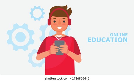 Cartoon character Boy and education communication concepts.Distance Learning Information Technology vector illustration Education online Learn at home With the epidemic situation Content.