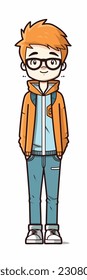 Caricatura de un niño. personaje de caricatura plana, chico elegante, chico de moda aislado de fondo blanco. 2.º personaje masculino de estilo de contorno. ilustración vectorial.