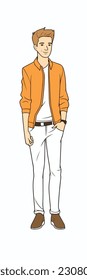Caricatura de un niño. personaje de caricatura plana, chico elegante, chico de moda aislado de fondo blanco. 2.º personaje masculino de estilo de contorno. ilustración vectorial.
