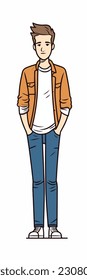 Caricatura de un niño. personaje de caricatura plana, chico elegante, chico de moda aislado de fondo blanco. 2.º personaje masculino de estilo de contorno. ilustración vectorial.