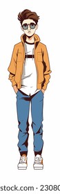 Caricatura de un niño. personaje de caricatura plana, chico elegante, chico de moda aislado de fondo blanco. 2.º personaje masculino de estilo de contorno. ilustración vectorial.