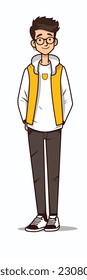 Caricatura de un niño. personaje de caricatura plana, chico elegante, chico de moda aislado de fondo blanco. 2.º personaje masculino de estilo de contorno. ilustración vectorial.