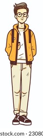 Caricatura de un niño. personaje de caricatura plana, chico elegante, chico de moda aislado de fondo blanco. 2.º personaje masculino de estilo de contorno. ilustración vectorial.