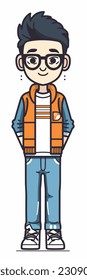 Caricatura de un niño. personaje de caricatura plana, chico elegante, chico de moda aislado de fondo blanco. 2.º personaje masculino de estilo de contorno. ilustración vectorial.