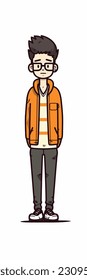 Caricatura de un niño. personaje de caricatura plana, chico elegante, chico de moda aislado de fondo blanco. 2.º personaje masculino de estilo de contorno. ilustración vectorial.
