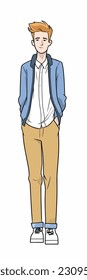 Caricatura de un niño. personaje de caricatura plana, chico elegante, chico de moda aislado de fondo blanco. 2.º personaje masculino de estilo de contorno. ilustración vectorial.