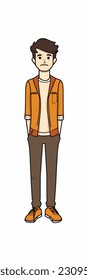 Caricatura de un niño. personaje de caricatura plana, chico elegante, chico de moda aislado de fondo blanco. 2.º personaje masculino de estilo de contorno. ilustración vectorial.
