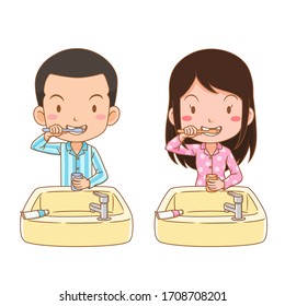 Cartoon character of boy and girl brushing teeth.