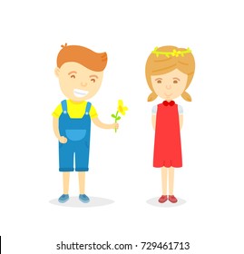 Cartoon character of boy and girl in loving concept, Boy giving flower to girl for love, isolated on white background, Character of happy boy and girl, Love card for valentine day in cartooning style