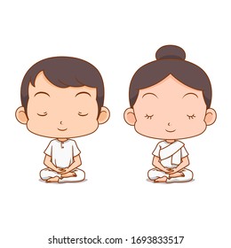 Cartoon character of boy and girl meditating in white clothes.