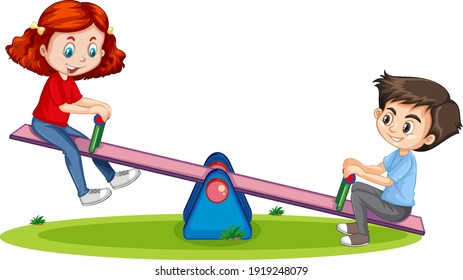 Cartoon character boy and girl playing seesaw on white background illustration