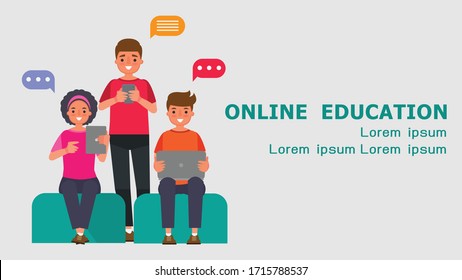 Cartoon character Boy and girl student Online education concepts.Distance Learning Information Technology vector illustration Education online Learn at home With the epidemic situation Content.