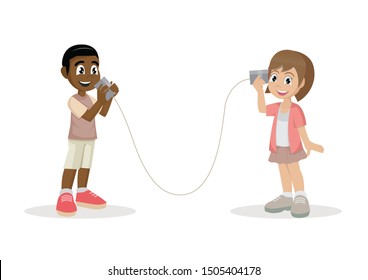 Cartoon character, Boy and girl talking with can telephone.,vector eps10