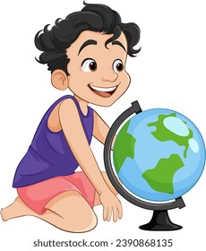 Cartoon character boy happily explores world with globe toy