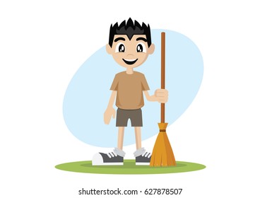 Cartoon character, Boy holding a broom., vector eps10