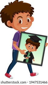 Cartoon character of a boy holding his graduation portrait photo illustration