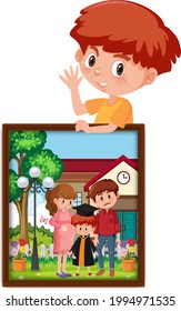 Cartoon character of a boy holding his graduation photo illustration
