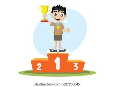 Cartoon character, Boy holding a trophy winner on a podium., vector eps10