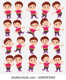 Cartoon character boy in jeans. Set with different postures, attitudes and poses, doing different activities in isolated vector illustrations.