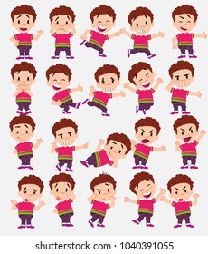 Cartoon character boy in jeans. Set with different postures, attitudes and poses, doing different activities in isolated vector illustrations.