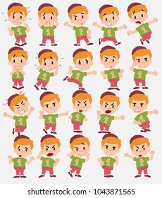Cartoon character boy in jeans. Set with different postures, attitudes and poses, always in negative attitude, doing different activities in vector vector illustrations.