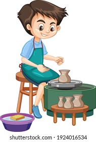 Cartoon character boy making pottery clay on white background illustration