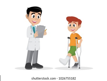Cartoon character, The boy with a plastered leg and crutches next to the doctor., vector eps10