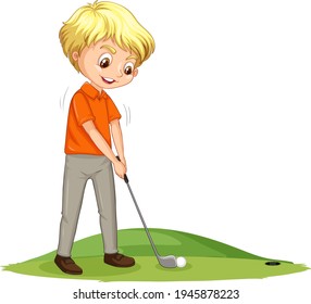 Cartoon-Charakter eines Jungen, der Golf auf weißem Hintergrund spielt