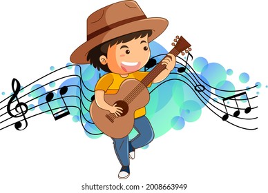 Cartoon character of a boy playing guitar with melody symbols  illustration