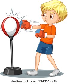 Cartoon character of a boy punching reflex bag illustration