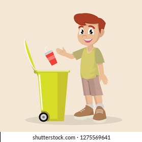 Cartoon character, Boy Put Plastic Waste In Recycling Garbage Bin., vector eps10