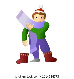 Cartoon character. Boy puts on a scarf and boots. Winter clothes. Cute child. Character for your design , commercial, typographical products.