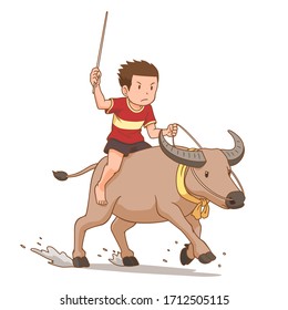 Cartoon character of boy riding buffalo in buffalo racing festival.