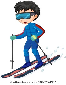 Cartoon character of a boy riding ski on white background illustration