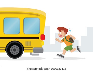 Cartoon Character, Boy Running After A School Bus., Vector Eps10