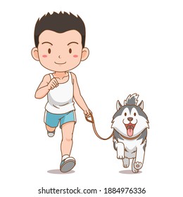 Cartoon character of boy running with Siberian Husky dog.